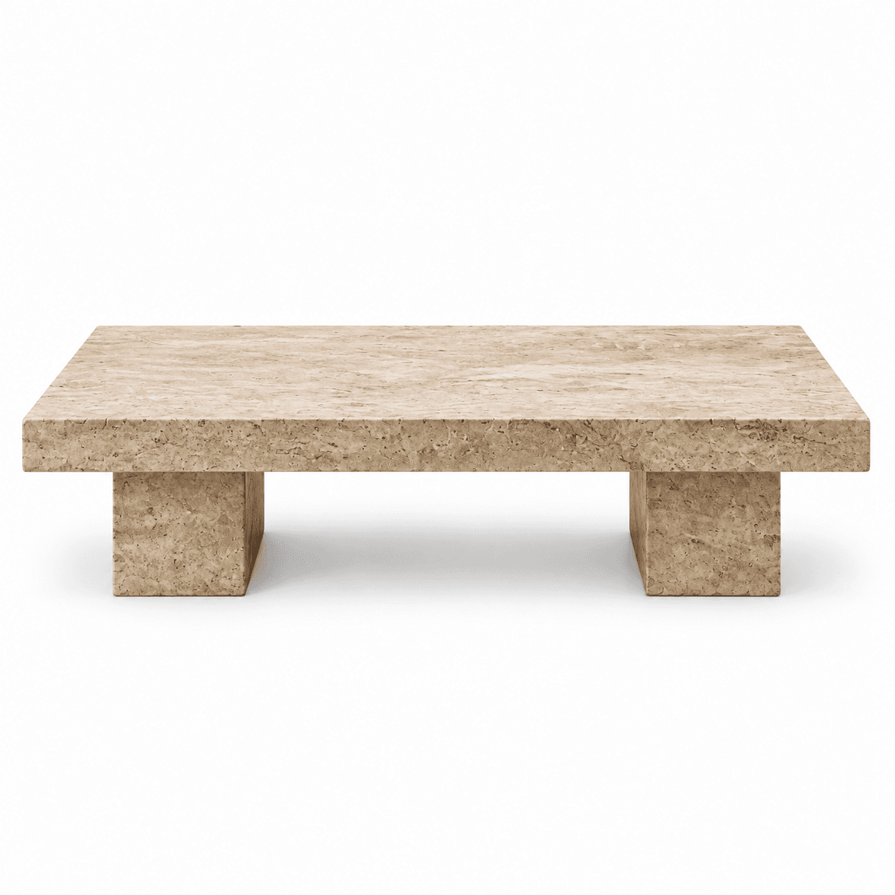 Rectangular travertine coffee table from the example room render — AI illustration