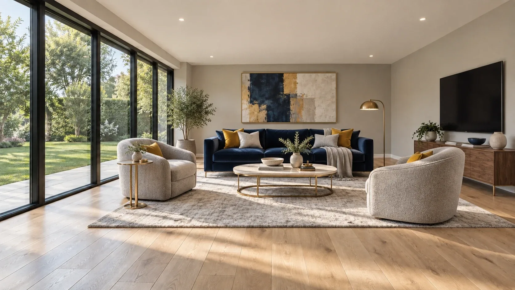 A bright living room furnished with a navy velvet sofa, two cream bouclé armchairs, an oval travertine and brass coffee table, a large rug, a walnut sideboard, abstract art, a brass floor lamp and an olive tree